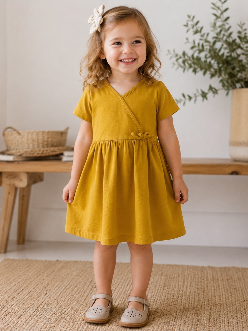 Hanna Andersson Mustard Yellow Faux Wrap Dress Bow Detail Size 3T